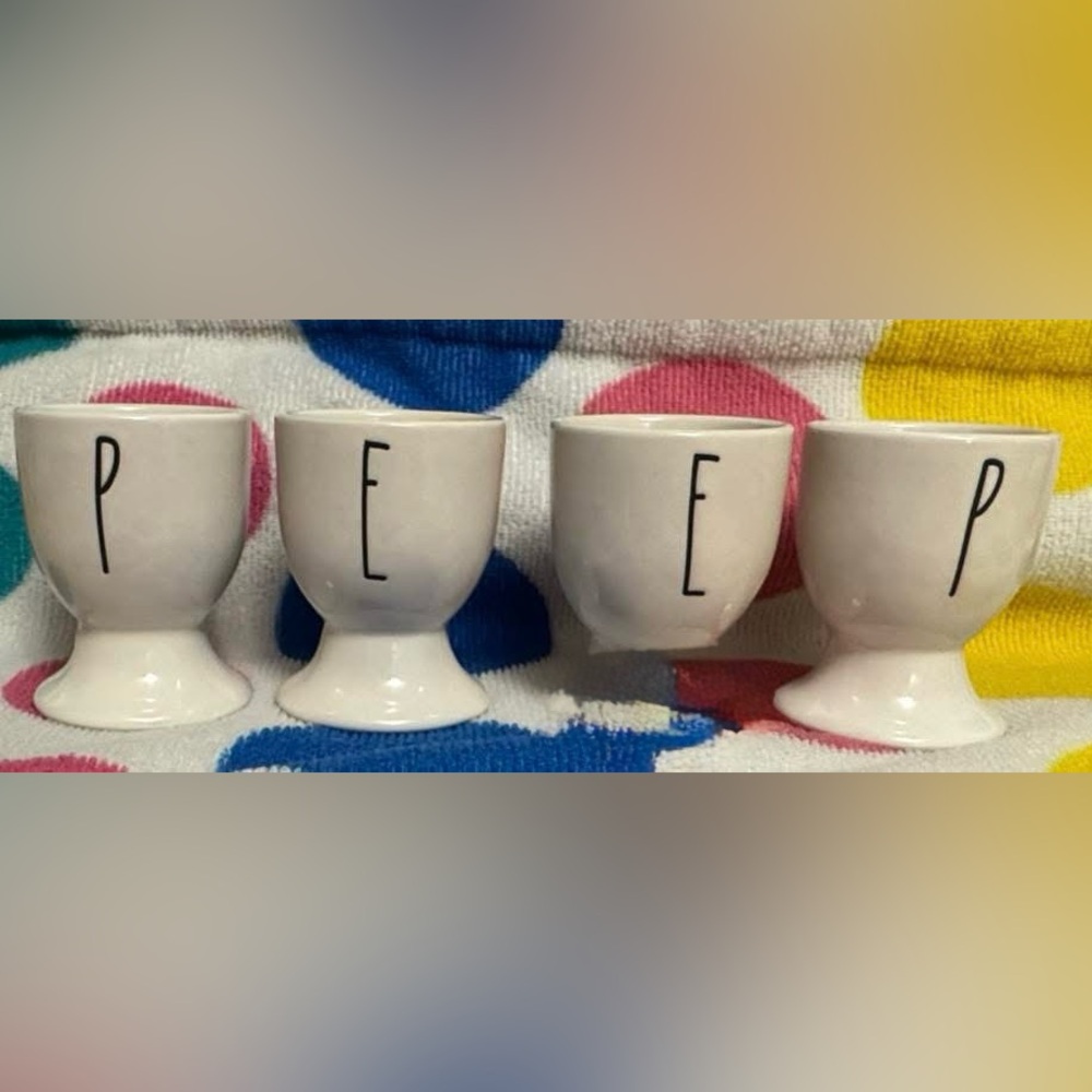 Rae Dunn Cream Egg Cups with Black Lettering